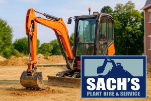 Excavators and diggers working on a construction site in Essex with the Sach’s Plant Hire & Service logo displayed in the corner.