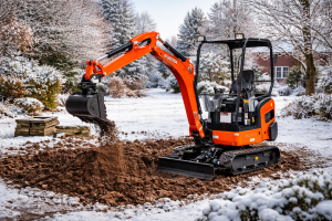 Mini digger working in a winter garden setting, excavating soil in snowy conditions on a residential property.