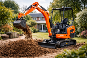 ini digger working in a landscaped garden setting, excavating soil during a residential groundwork project.
