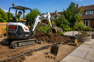"Mini digger hire supporting summer landscaping and groundwork projects across Essex